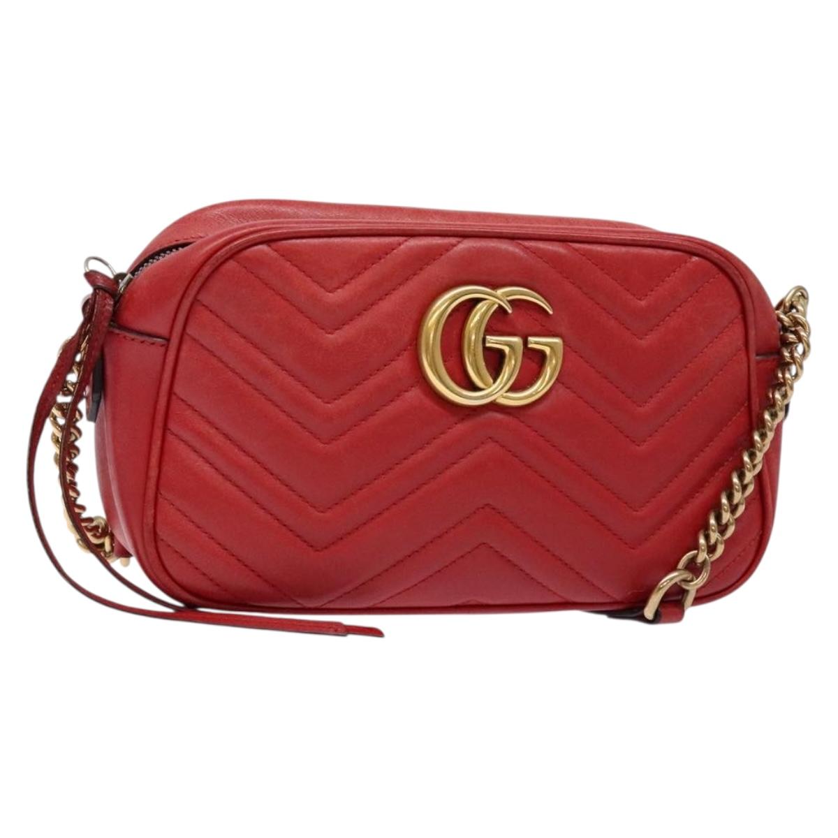 GUCCI GG Marmont Shoulder Bag Leather Red Gold 447632 Auth sw1251