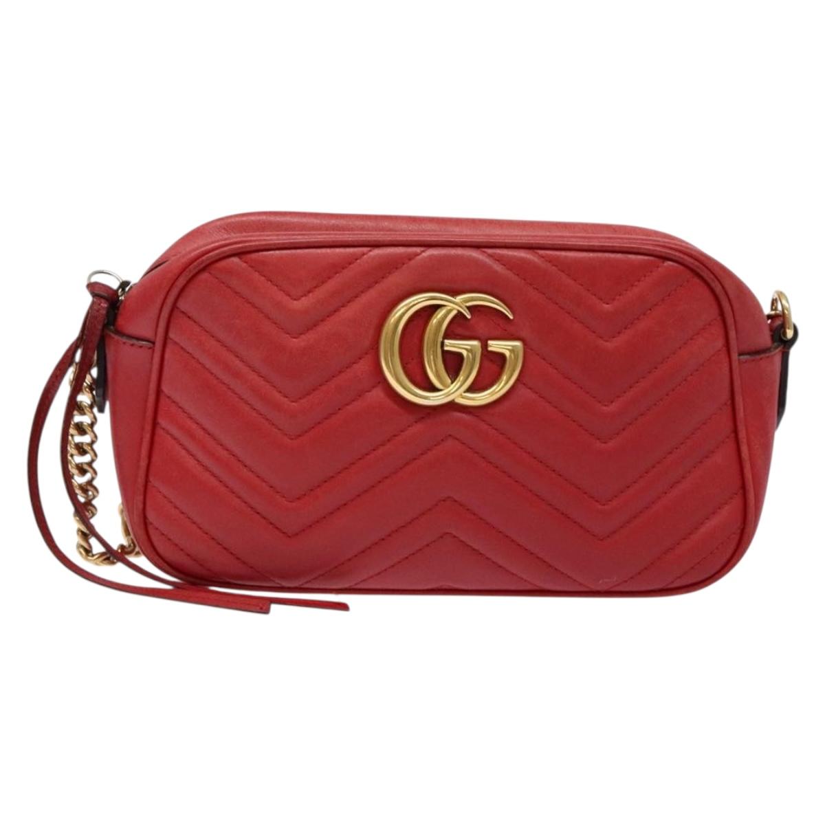 GUCCI GG Marmont Shoulder Bag Leather Red Gold 447632 Auth sw1251