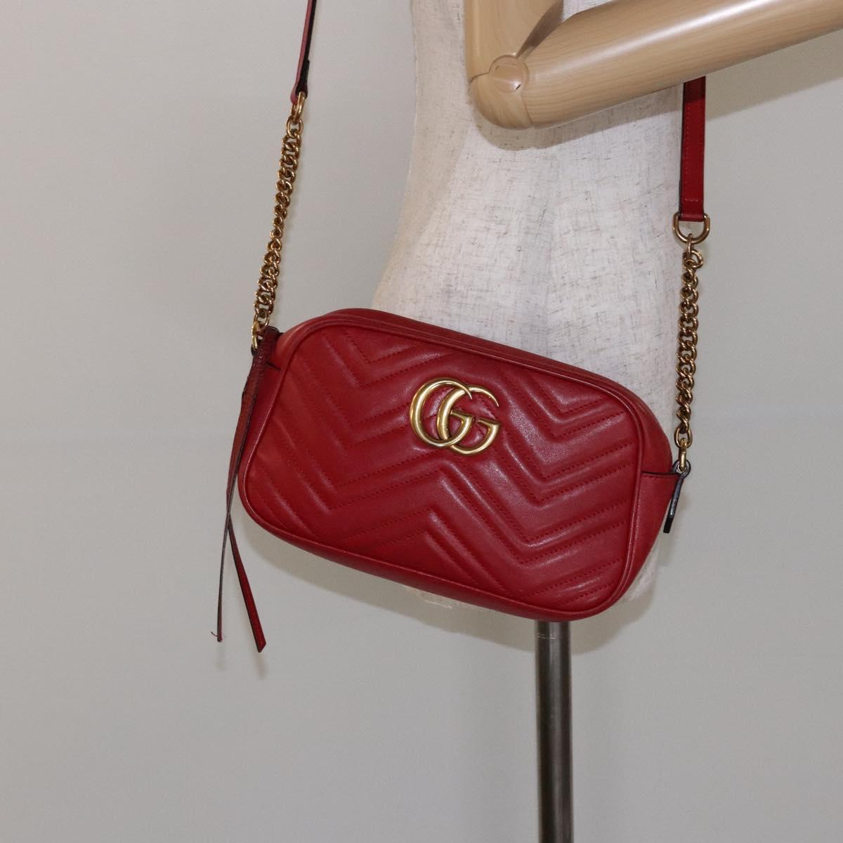 GUCCI GG Marmont Shoulder Bag Leather Red Gold 447632 Auth sw1251