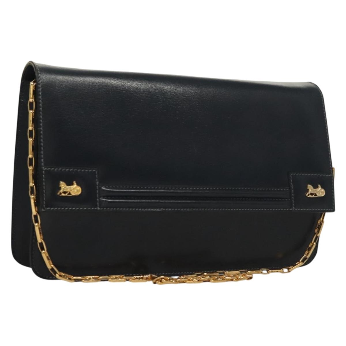 CELINE Chain Hand Bag Leather Navy Gold Auth sw1259