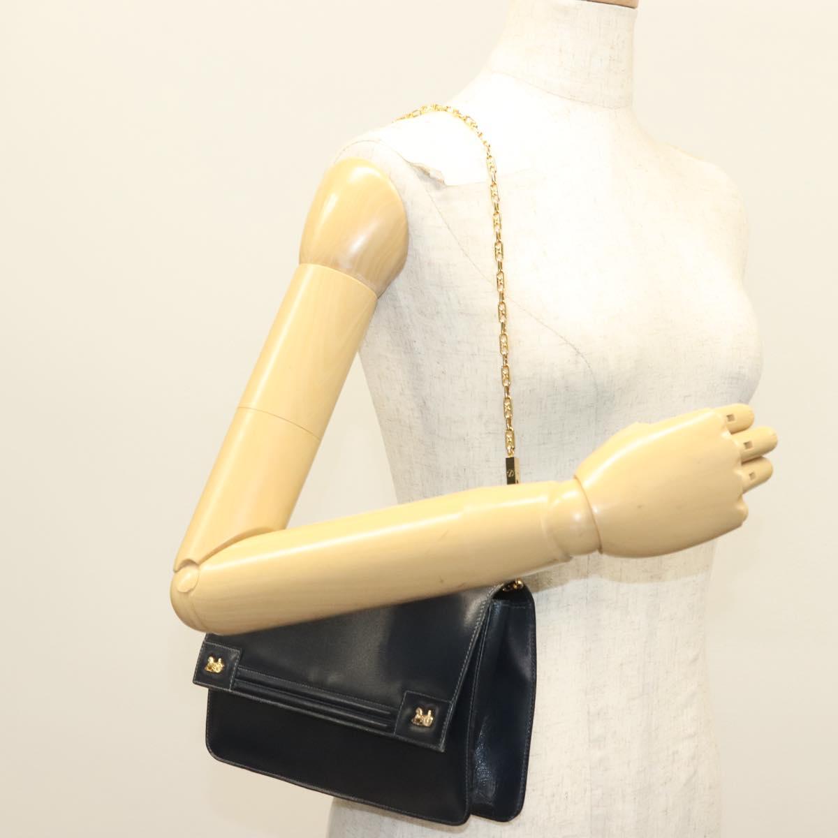 CELINE Chain Hand Bag Leather Navy Gold Auth sw1259