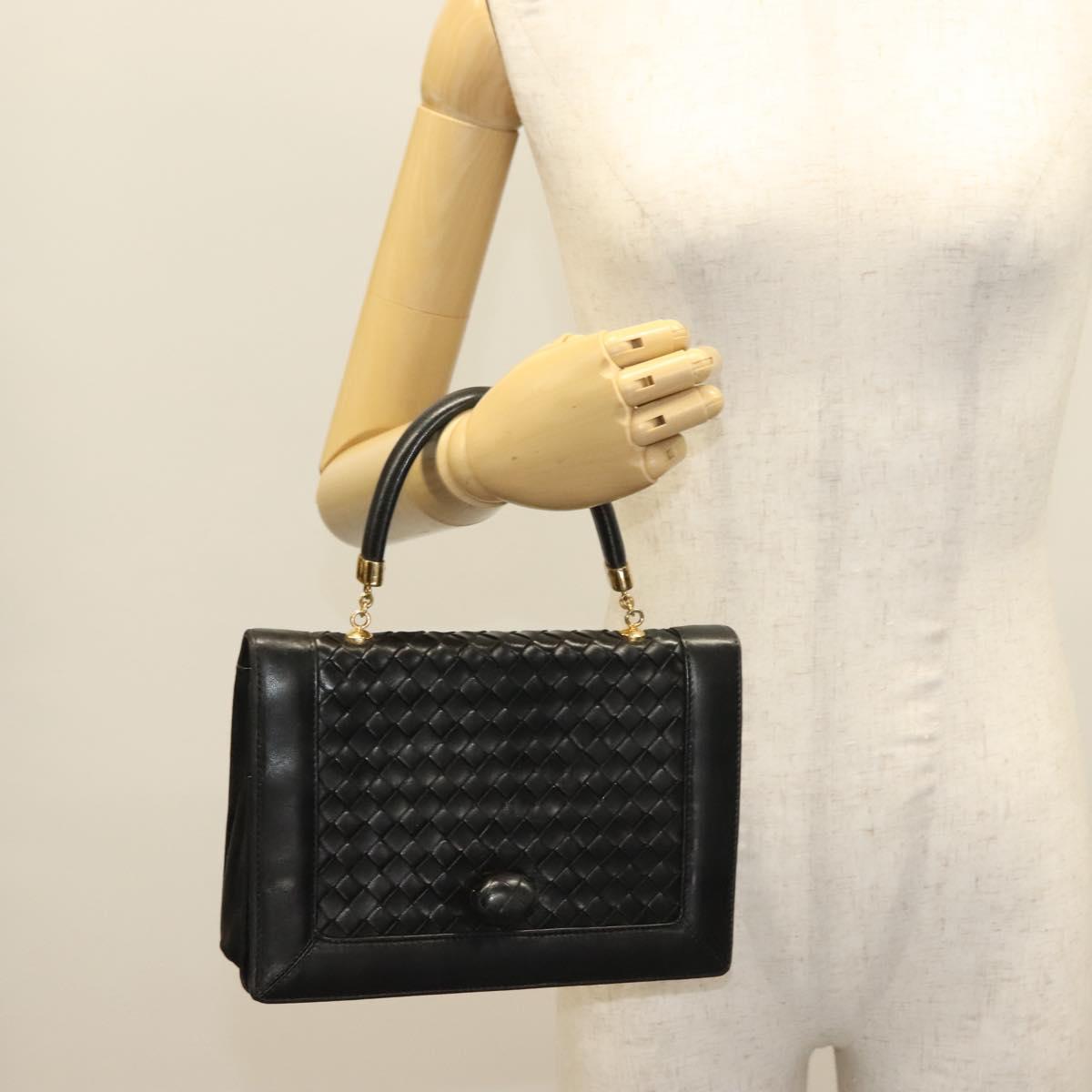 BOTTEGA VENETA INTRECCIATO Hand Bag Leather Black Gold Auth sw1261