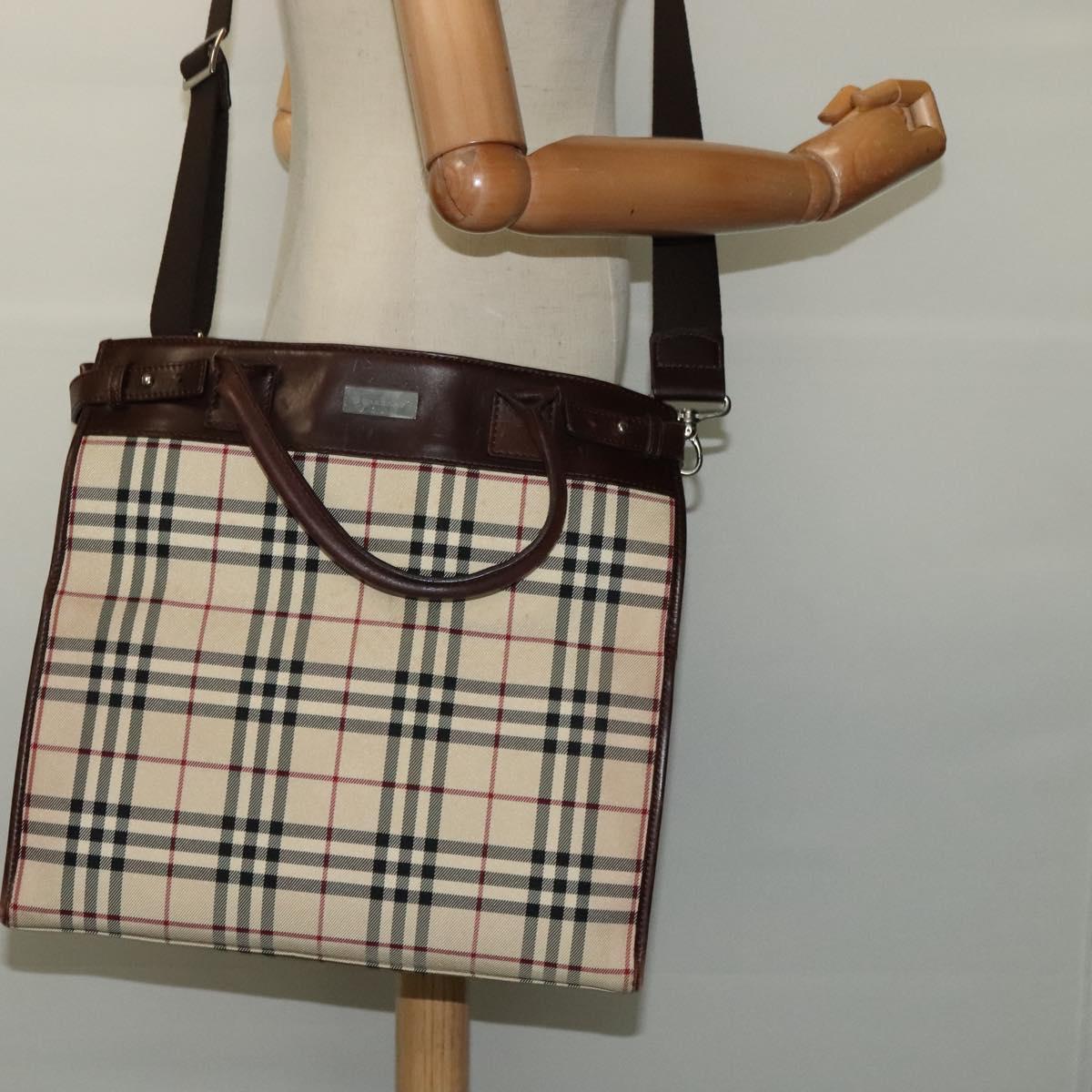 BURBERRY Nova Check Hand Bag Canvas 2way Beige Auth sw128