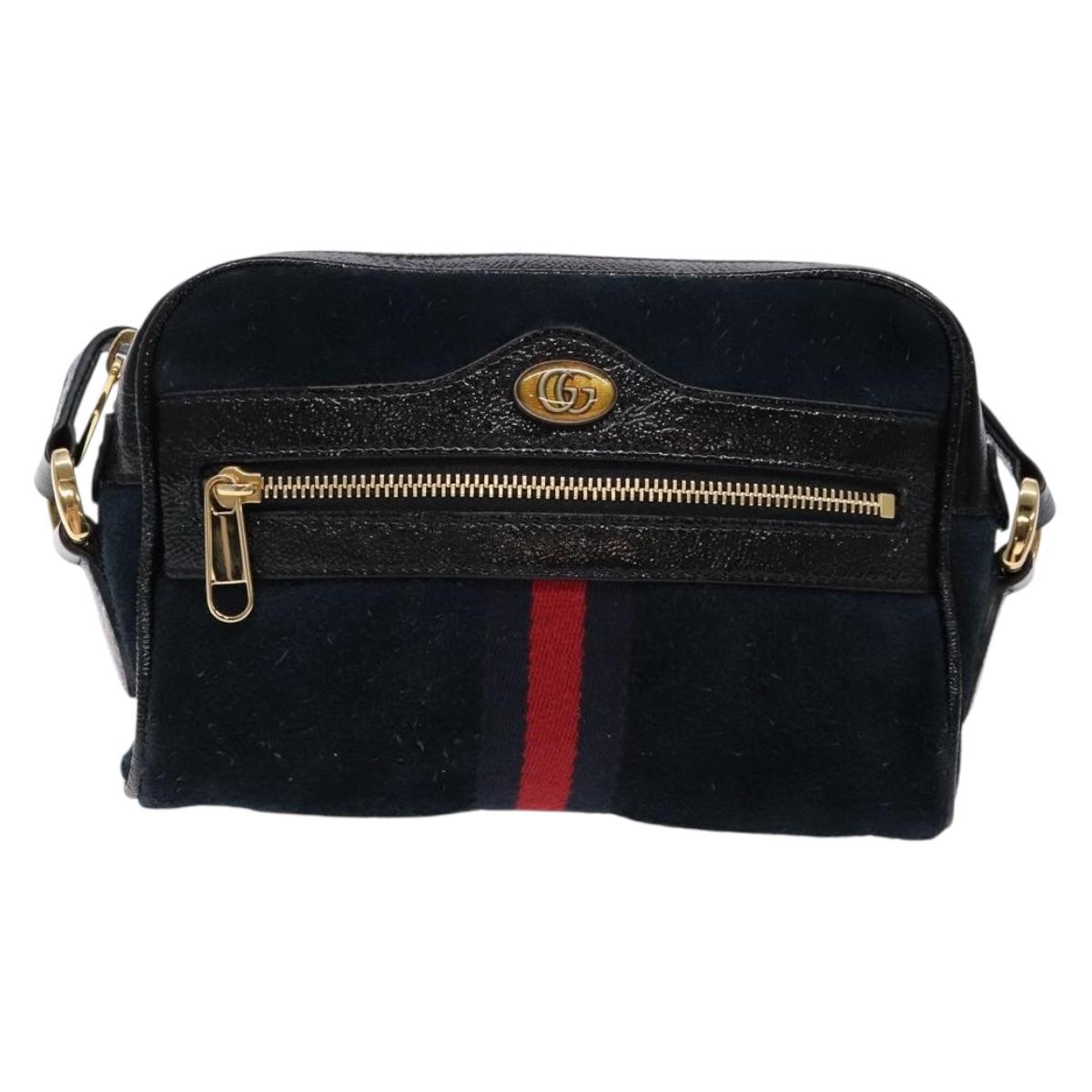 GUCCI Sherry Line Shoulder Bag Suede Navy Gold 517350 Auth sw1285