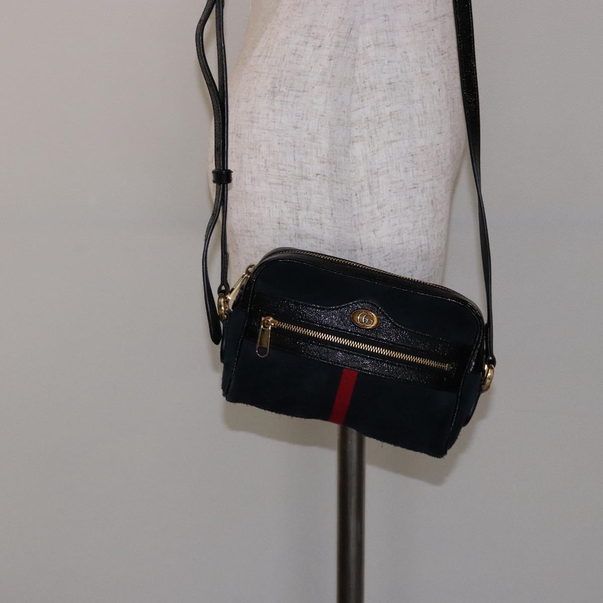 GUCCI Sherry Line Shoulder Bag Suede Navy Gold 517350 Auth sw1285
