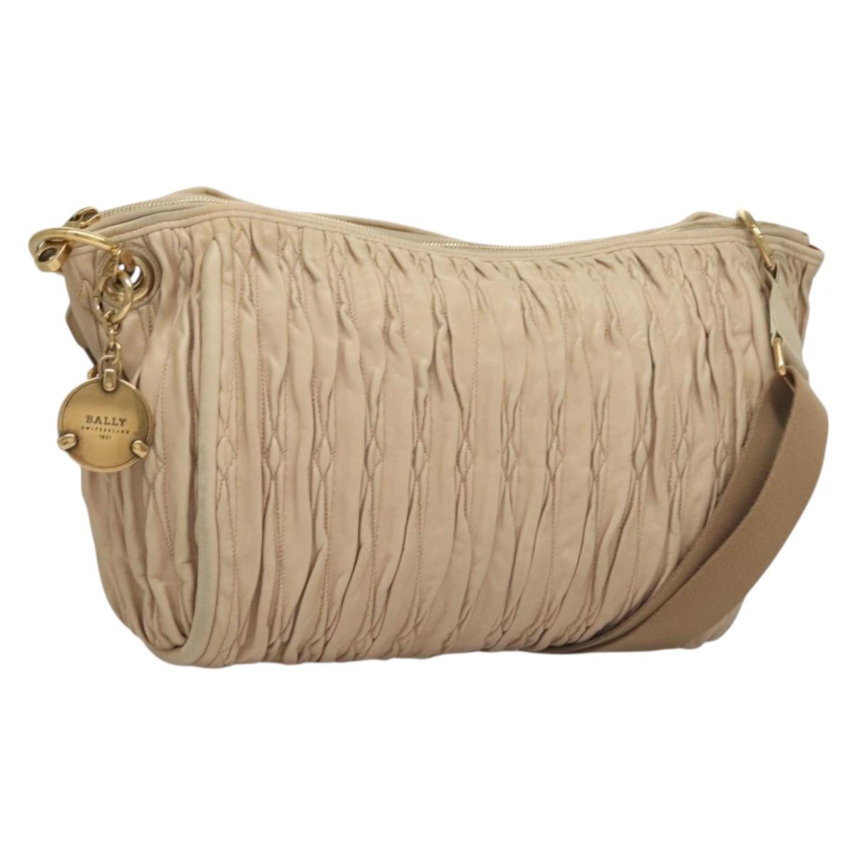 BALLY Shoulder Bag Leather Beige Gold Auth sw1288