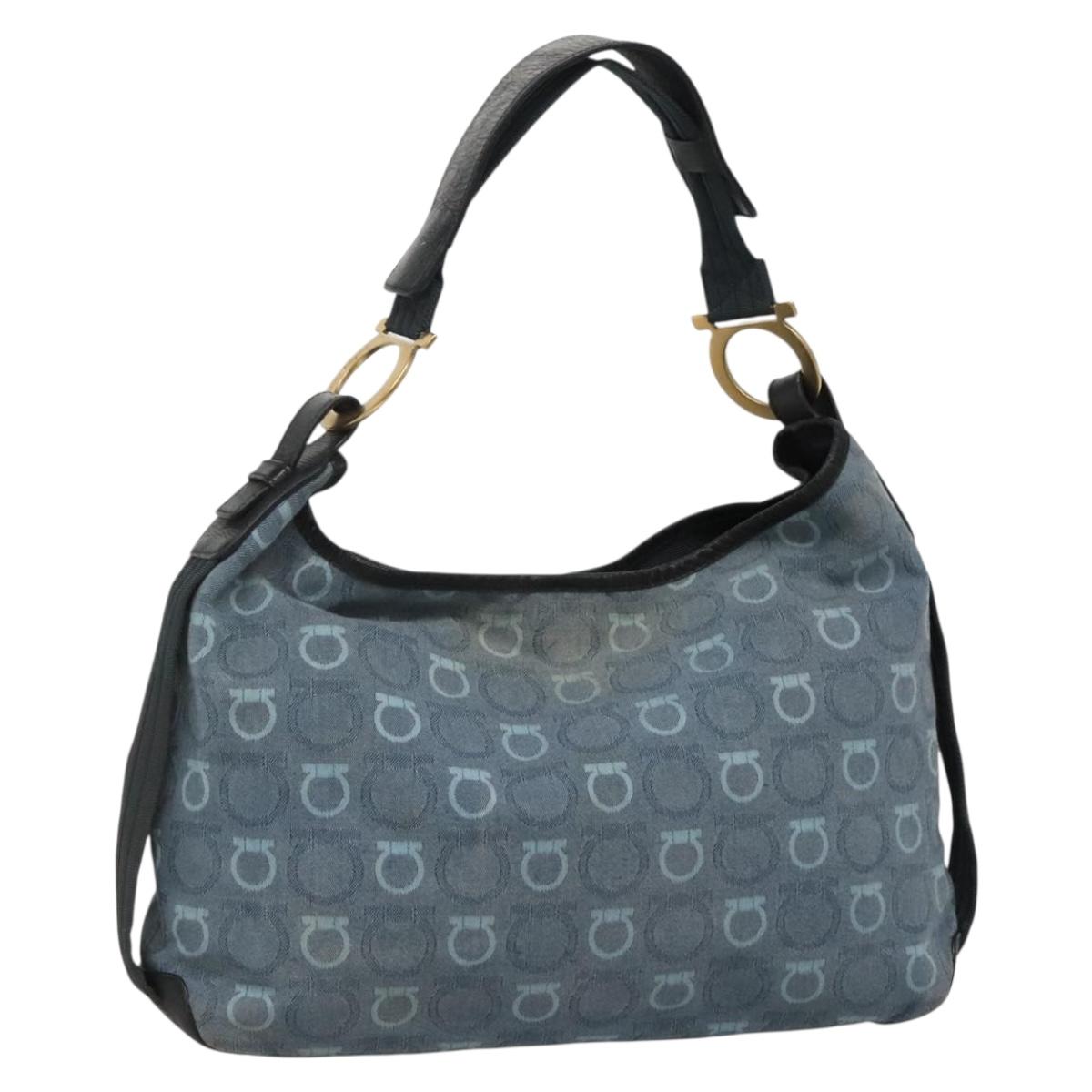 Salvatore Ferragamo Shoulder Bag Canvas Blue Gold Auth sw1326