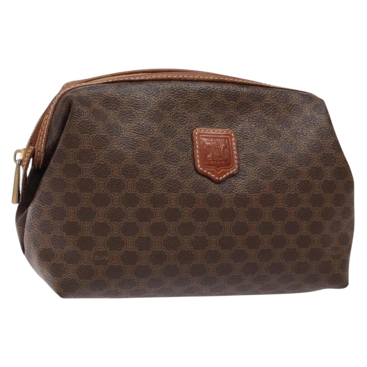 CELINE Macadam Canvas Pouch PVC Leather Brown Gold Auth sw1444
