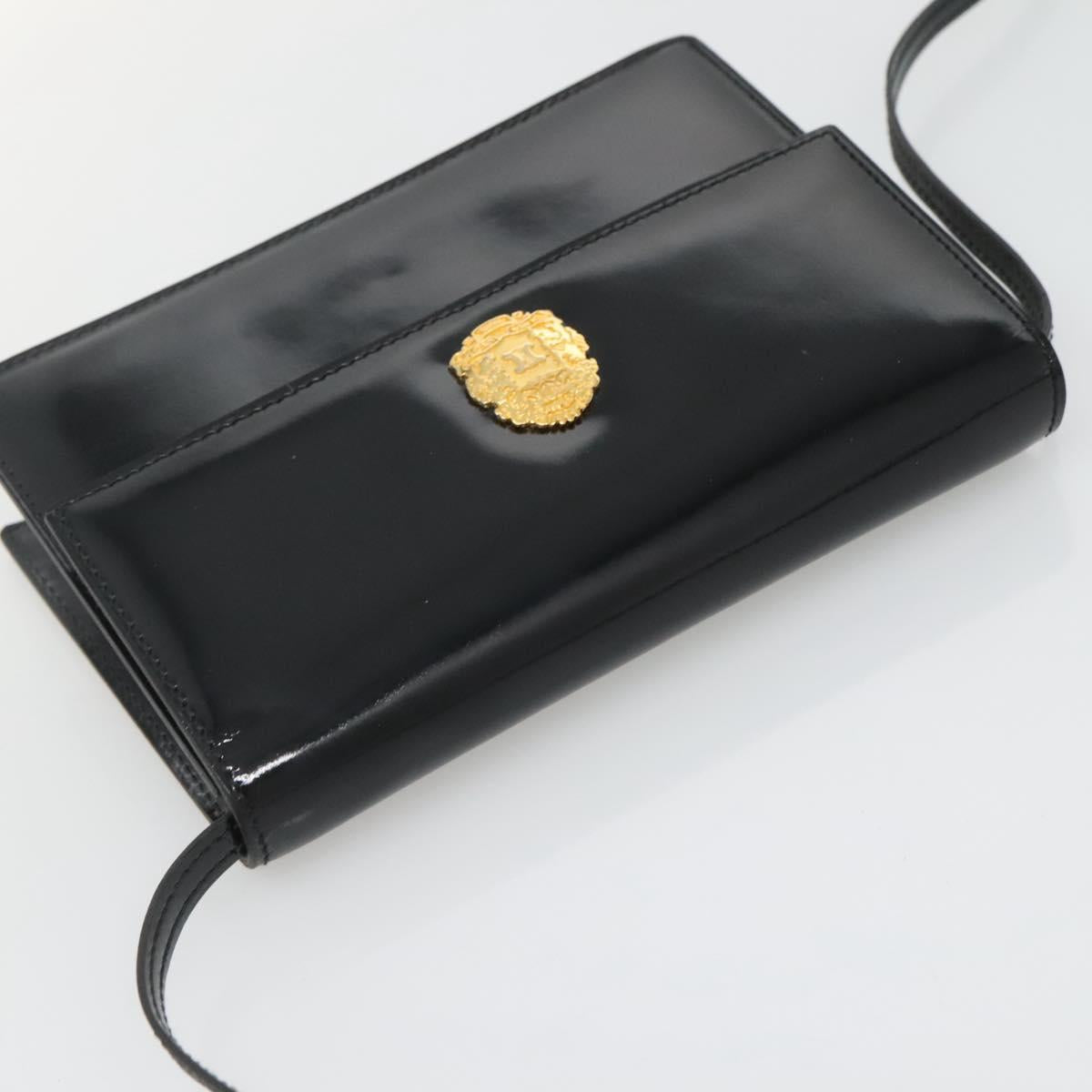 CELINE Shoulder Bag Enamel Black Gold Auth SW1458