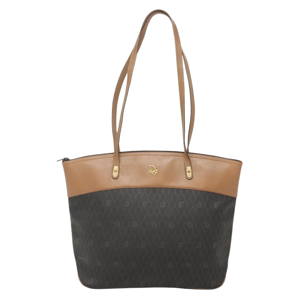 Christian Dior Honeycomb Canvas Tote Bag PVC Black Gold Auth SW1460