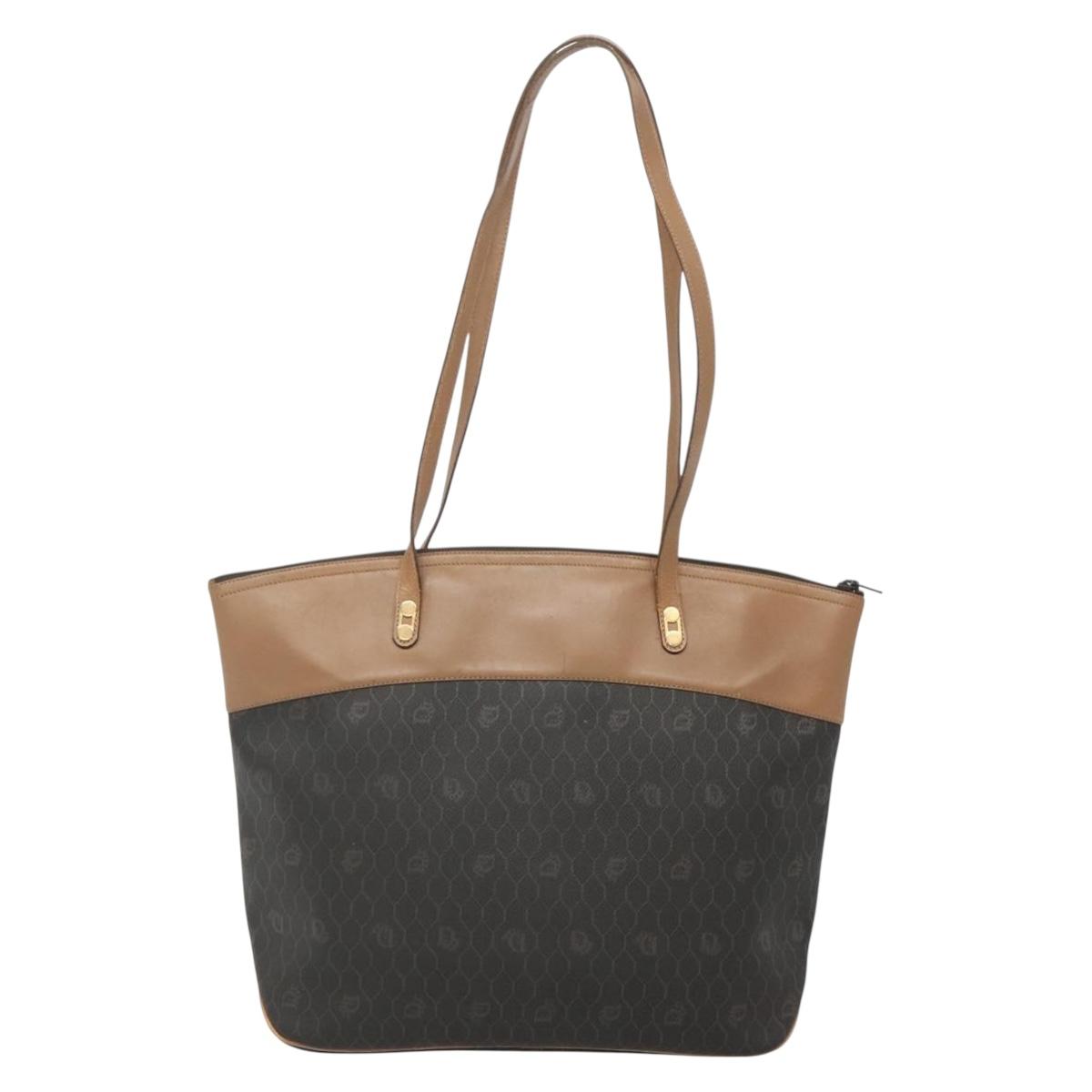 Christian Dior Honeycomb Canvas Tote Bag PVC Black Gold Auth SW1460