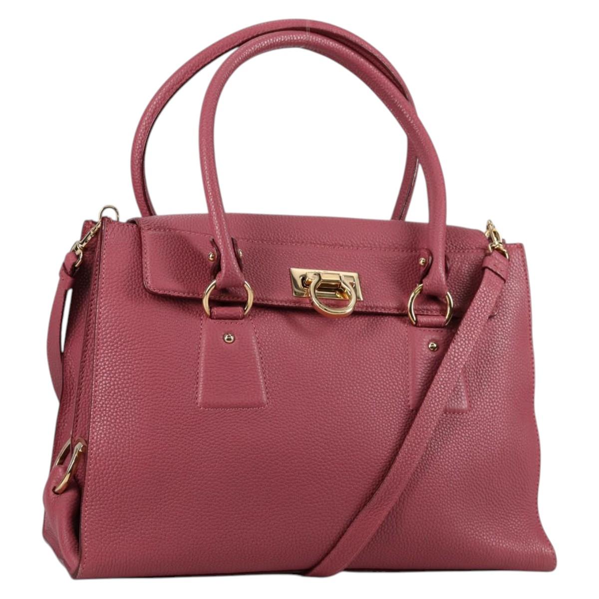 Salvatore Ferragamo Gancini Hand Bag Leather 2way Pink Gold Auth SW1488V