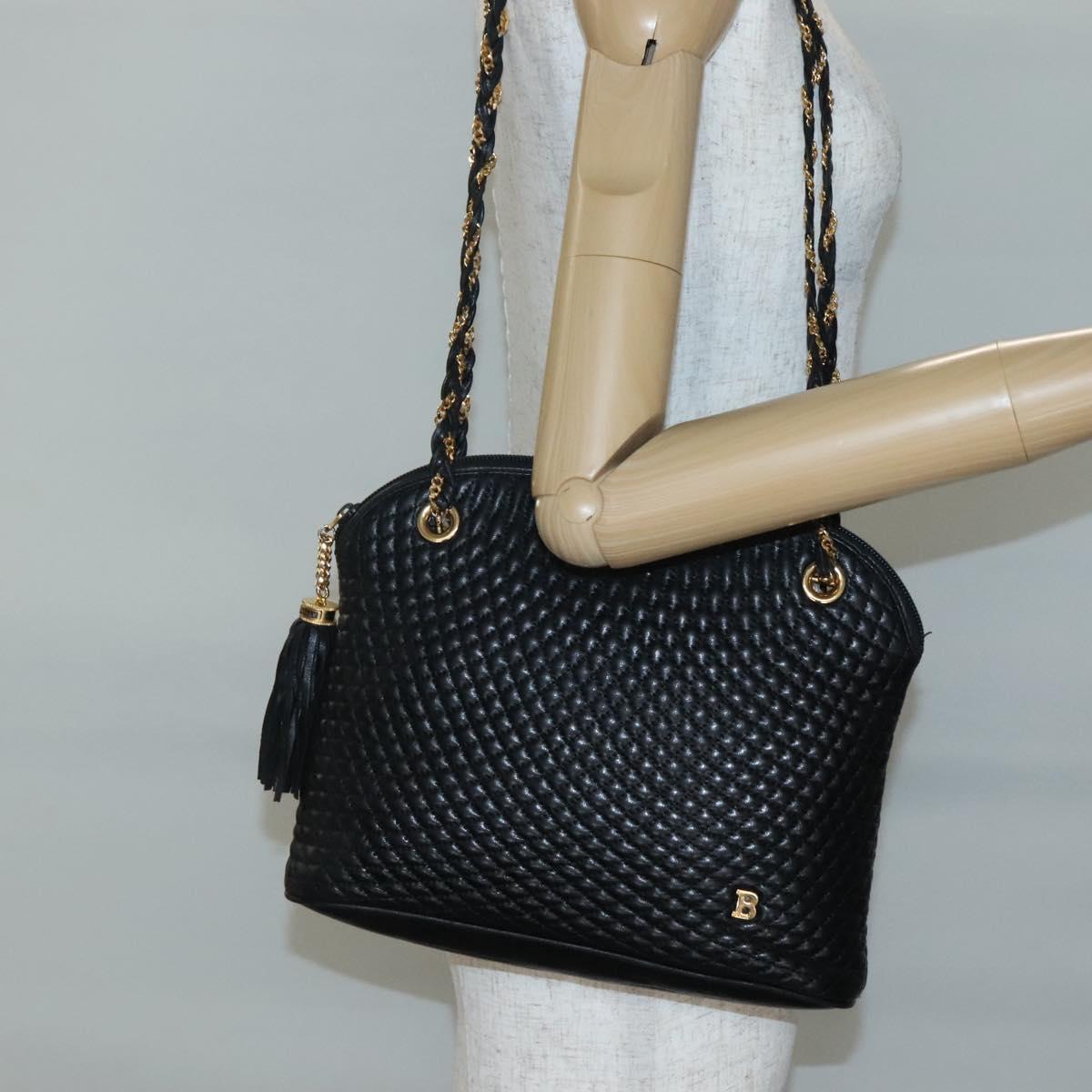 BALLY Chain Shoulder Bag Leather Black Gold Auth SW1496
