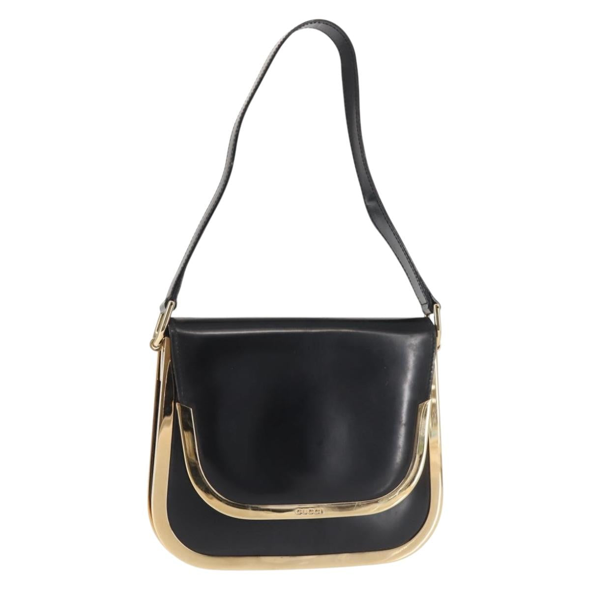 GUCCI Shoulder Bag Leather Black Gold Auth SW1518
