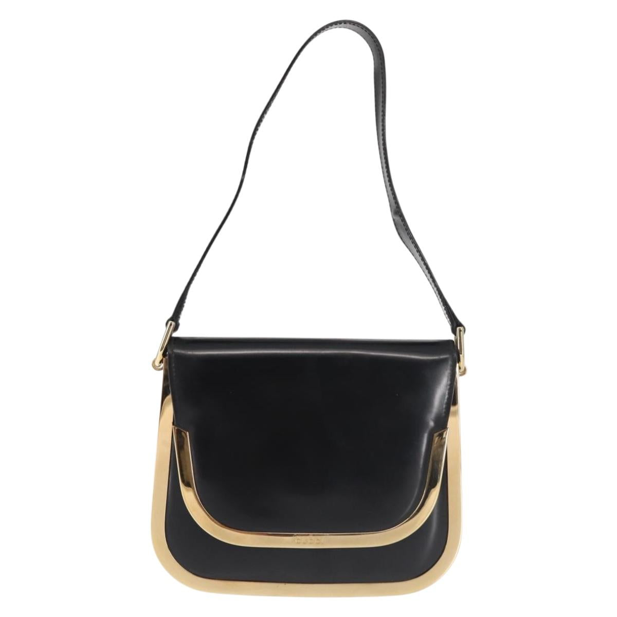 GUCCI Shoulder Bag Leather Black Gold Auth SW1518