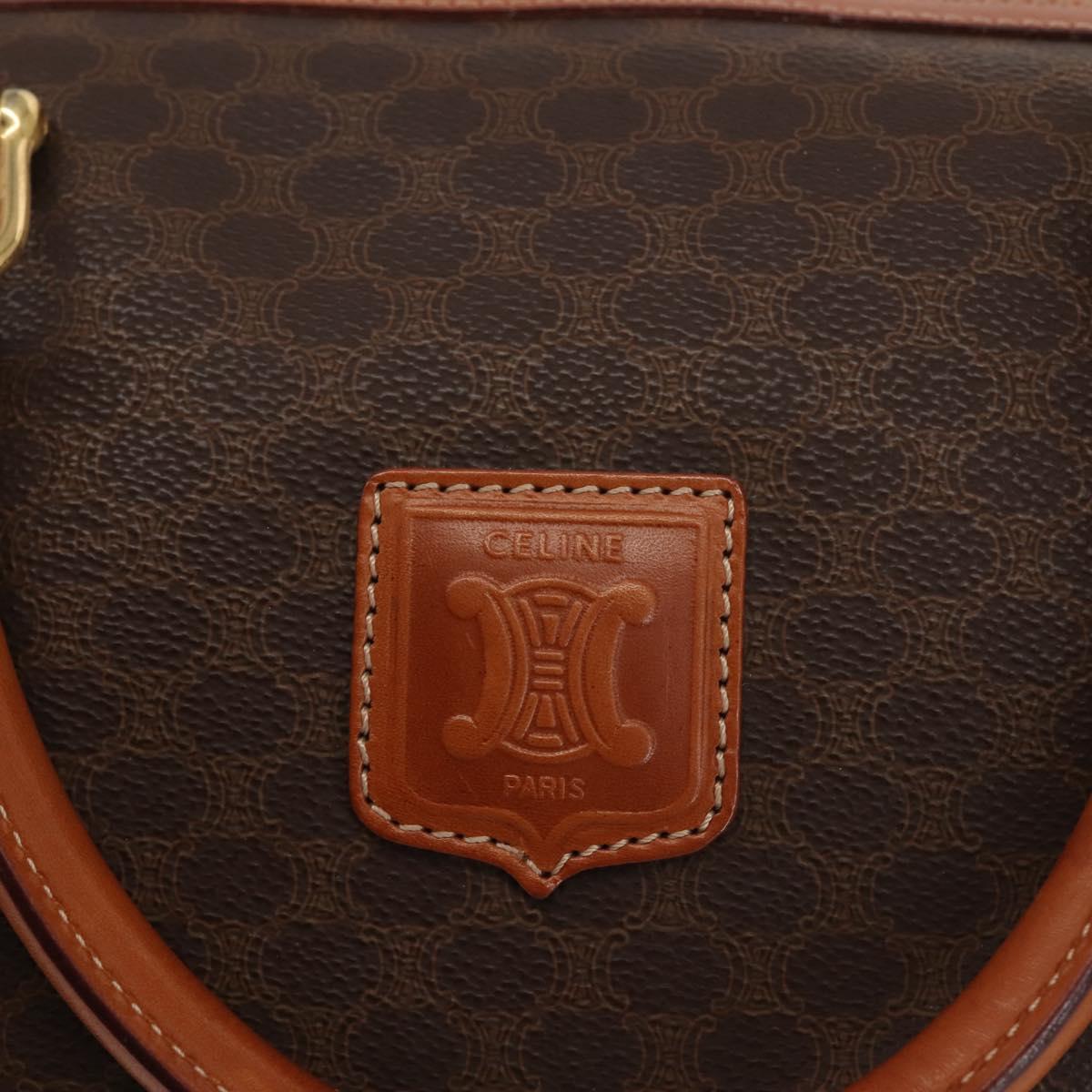 CELINE Macadam Canvas Boston Bag PVC Brown Gold Auth SW1520