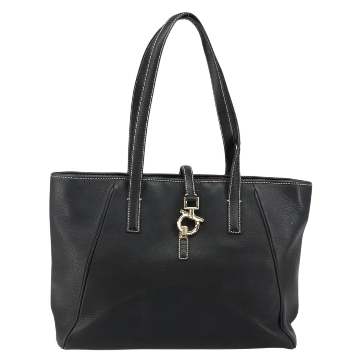 Salvatore Ferragamo Tote Bag Leather Black Gold Auth SW1521