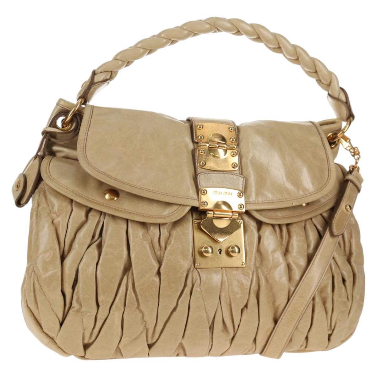 Miu Miu Matelasse Hand Bag Leather 2way Beige Gold Auth SW1538V