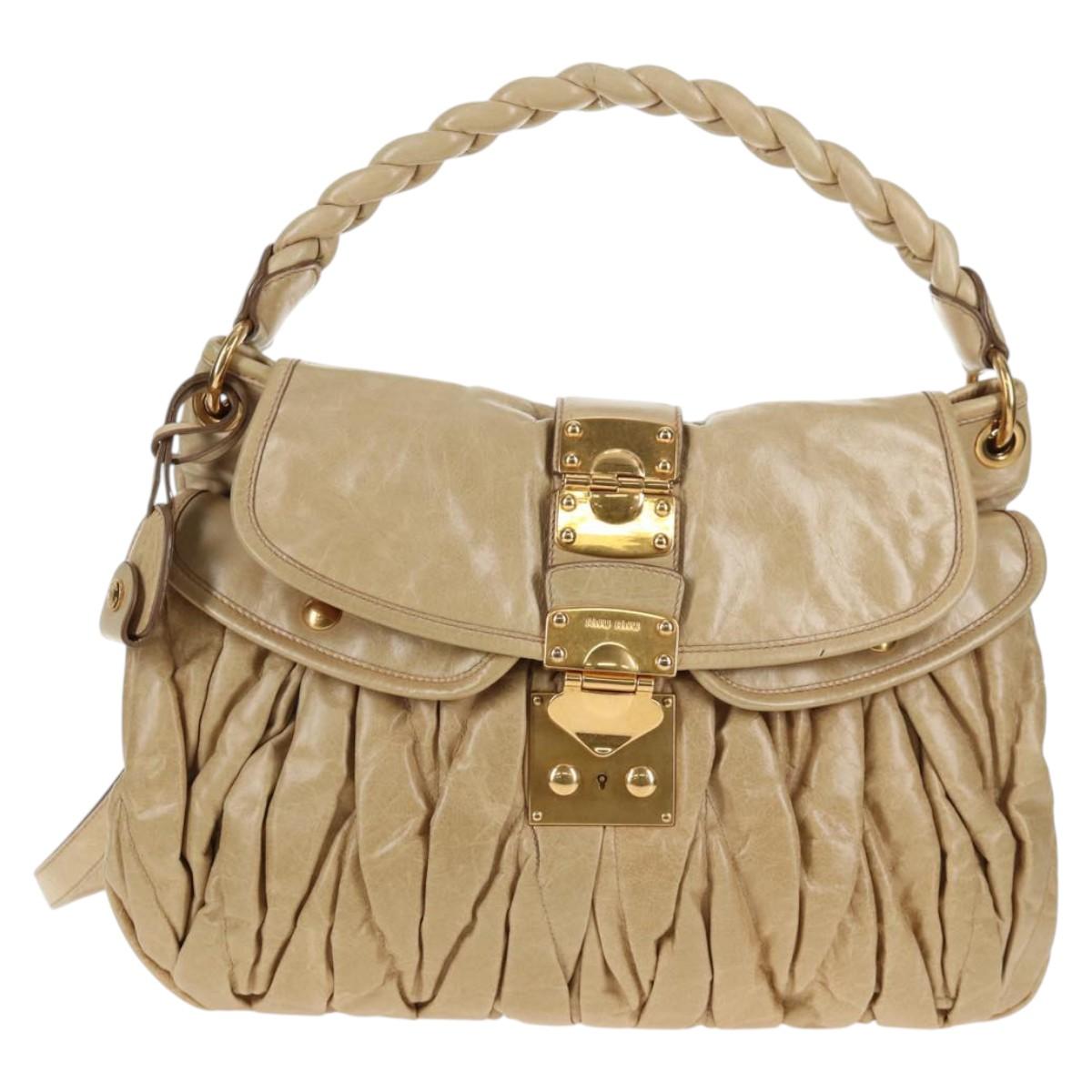 Miu Miu Matelasse Hand Bag Leather 2way Beige Gold Auth SW1538V