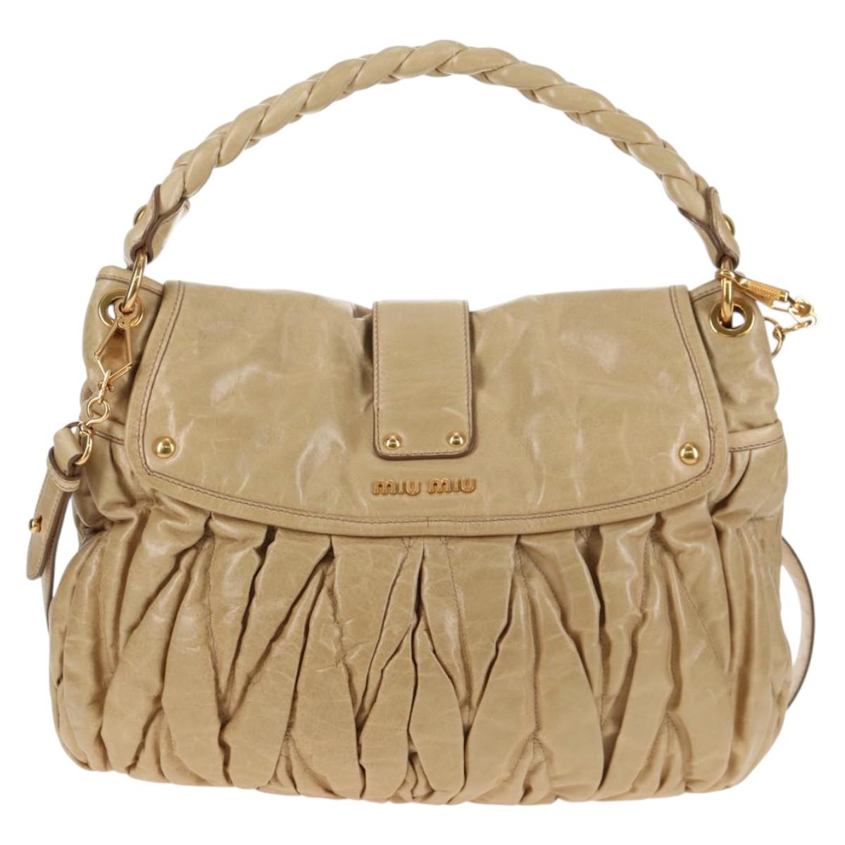 Miu Miu Matelasse Hand Bag Leather 2way Beige Gold Auth SW1538V