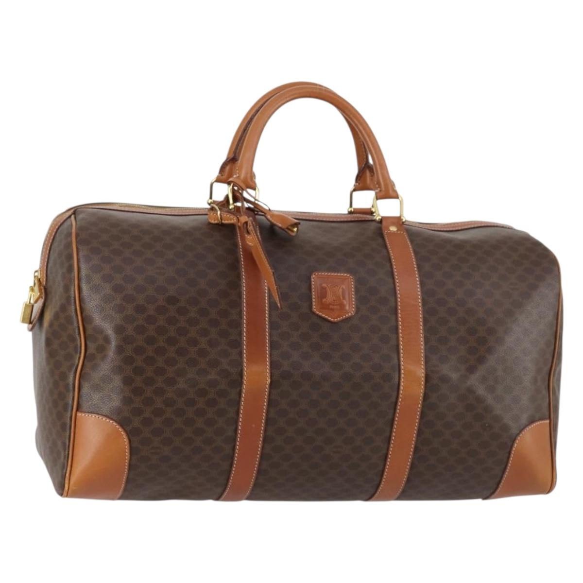 CELINE Macadam Canvas Boston Bag PVC Leather Brown Gold Auth SW1552