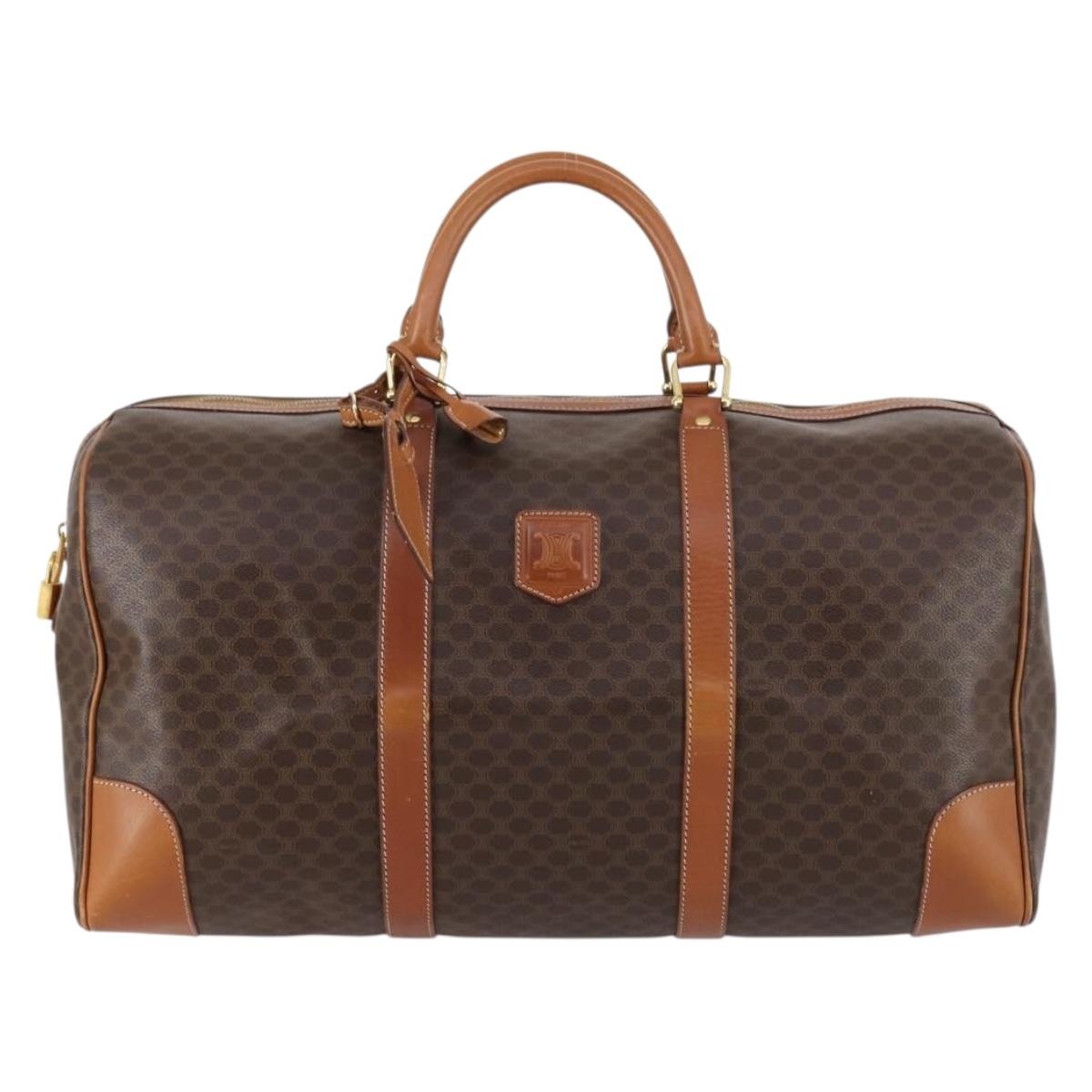 CELINE Macadam Canvas Boston Bag PVC Leather Brown Gold Auth SW1552