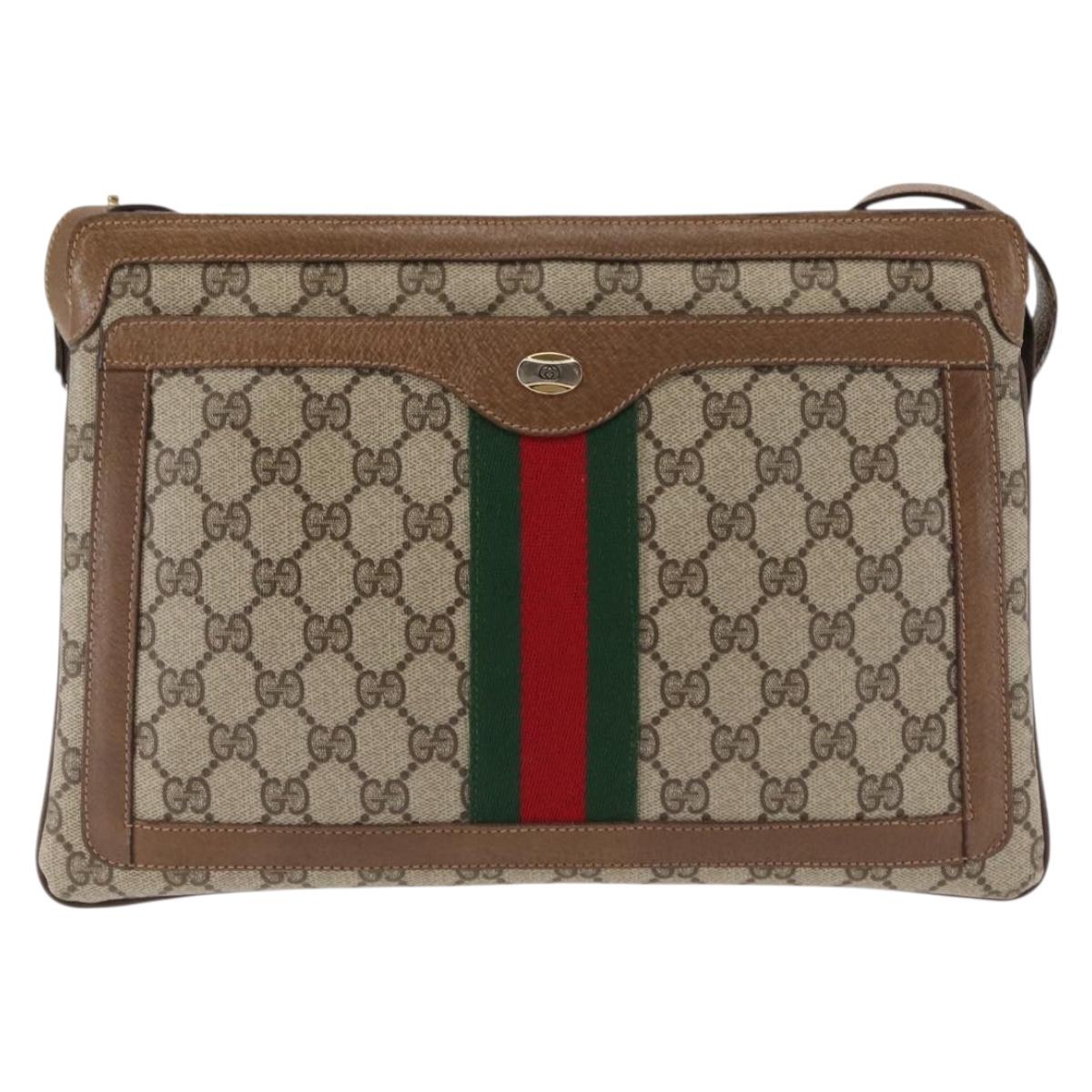 GUCCI GG Canvas Web Sherry Line Shoulder Bag PVC Leather Beige Red Auth sw1584