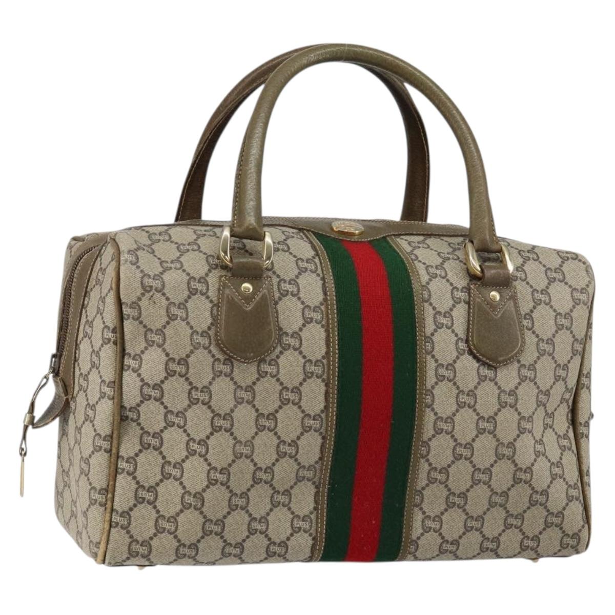 GUCCI GG PLUS Canvas Web Sherry Line Boston Bag PVC Beige Green Red Auth sw1585