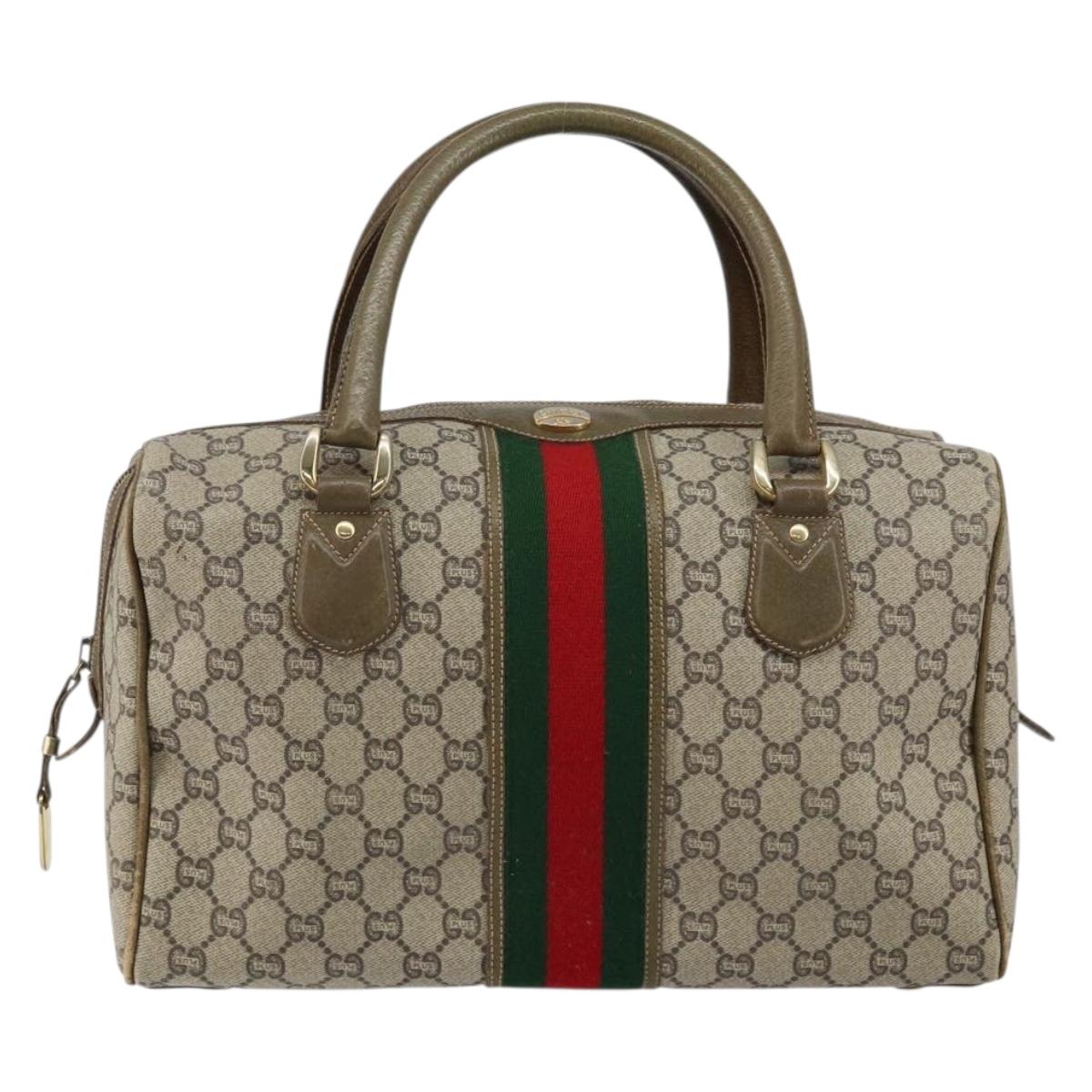 GUCCI GG PLUS Canvas Web Sherry Line Boston Bag PVC Beige Green Red Auth sw1585