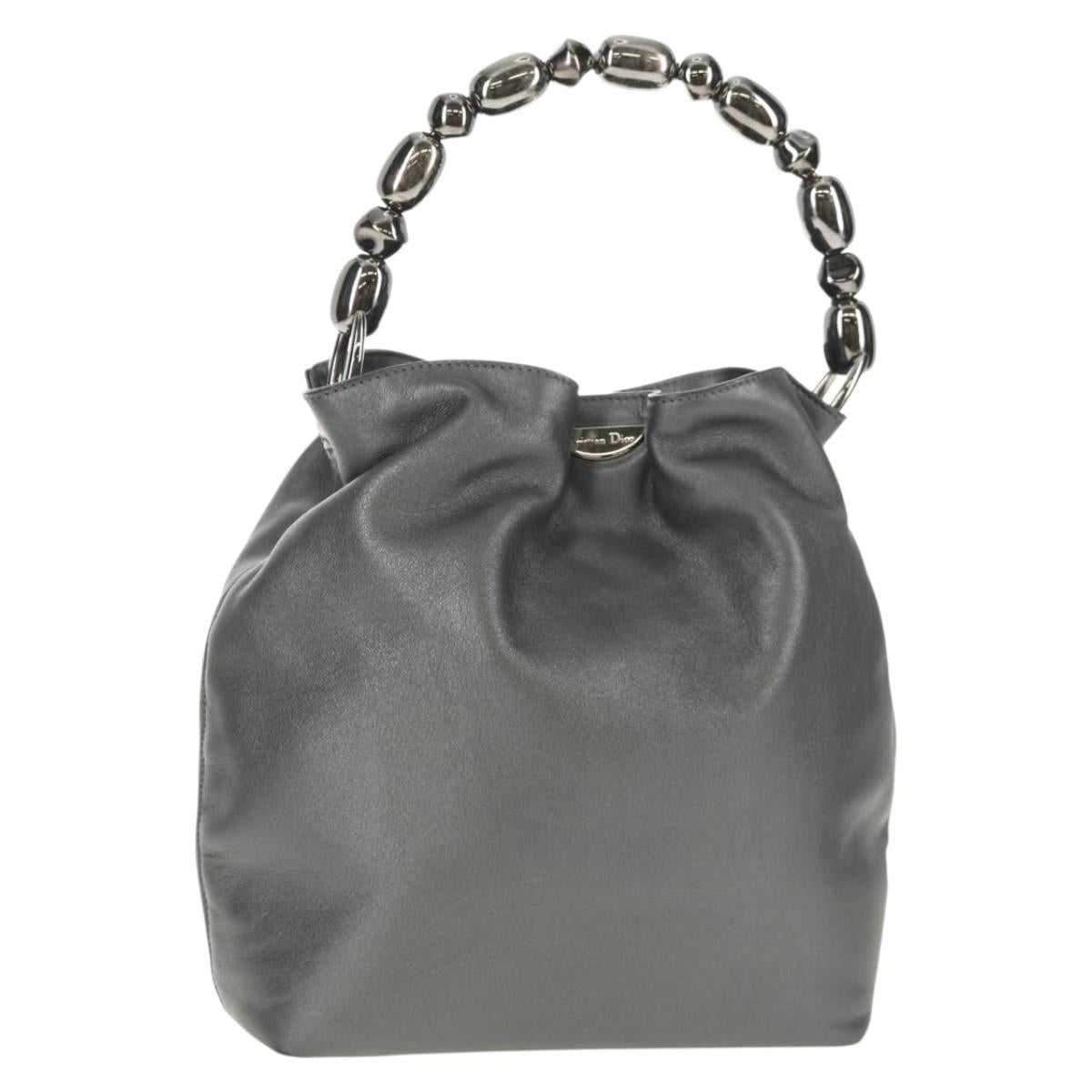 Christian Dior Maris Pearl Hand Bag Leather Silver Auth sw1587V