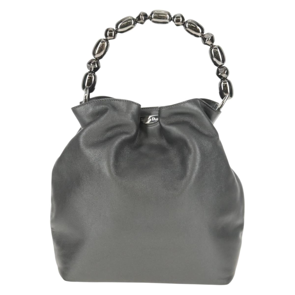 Christian Dior Maris Pearl Hand Bag Leather Silver Auth sw1587V