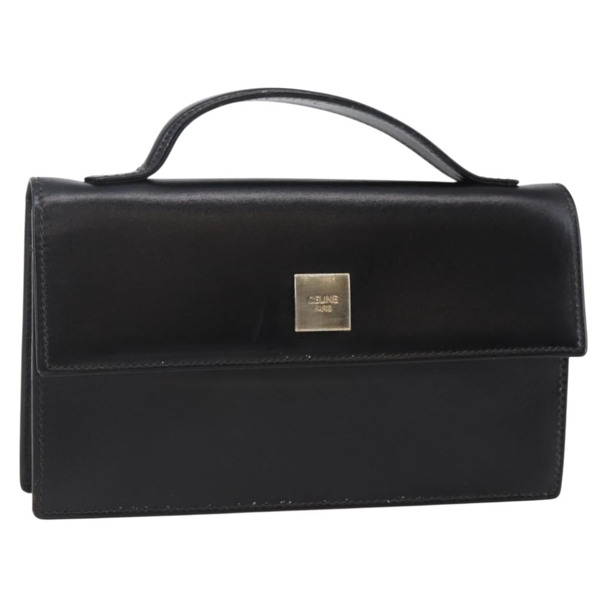 CELINE Hand Pouch Bag Leather Black Auth sw1588