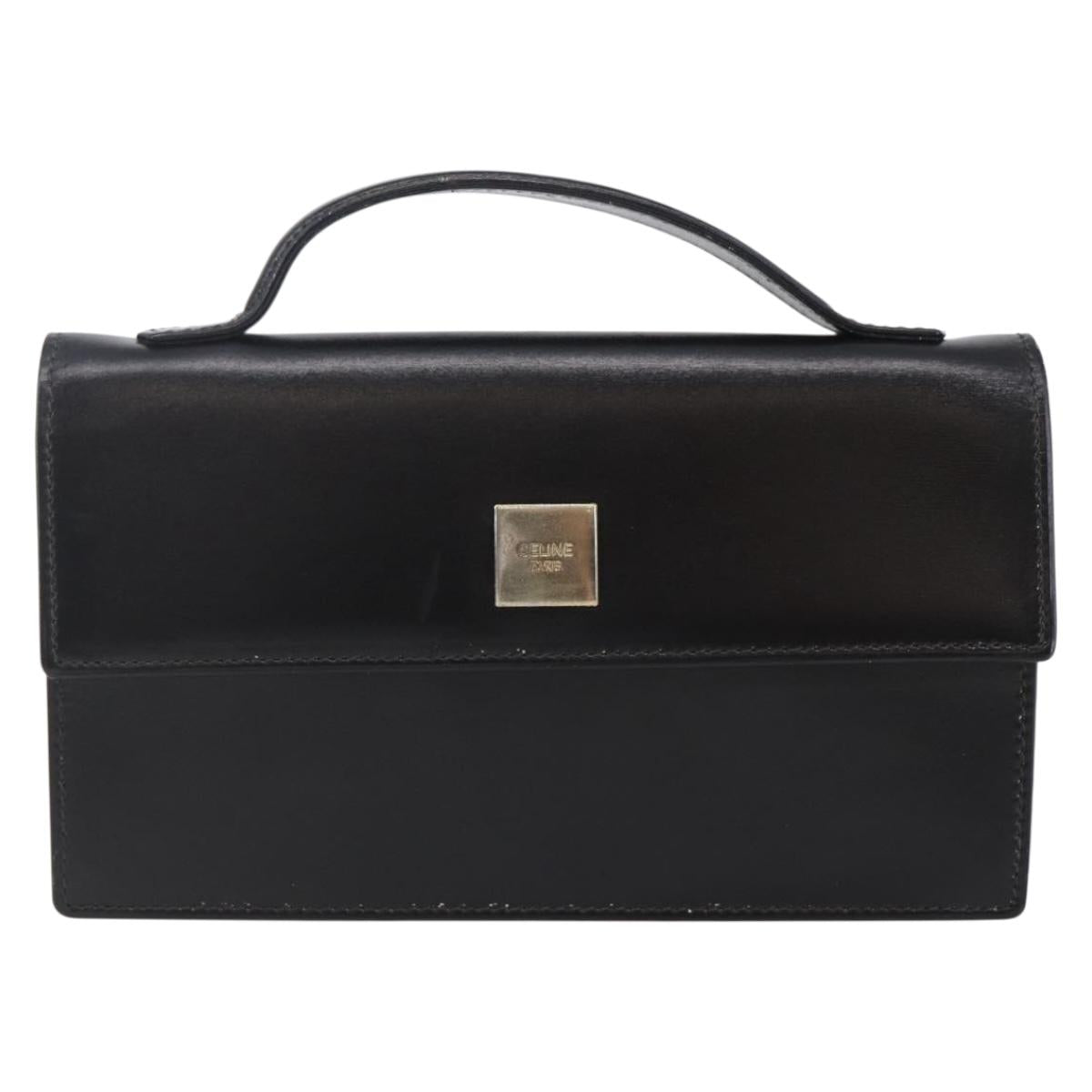 CELINE Hand Pouch Bag Leather Black Auth sw1588