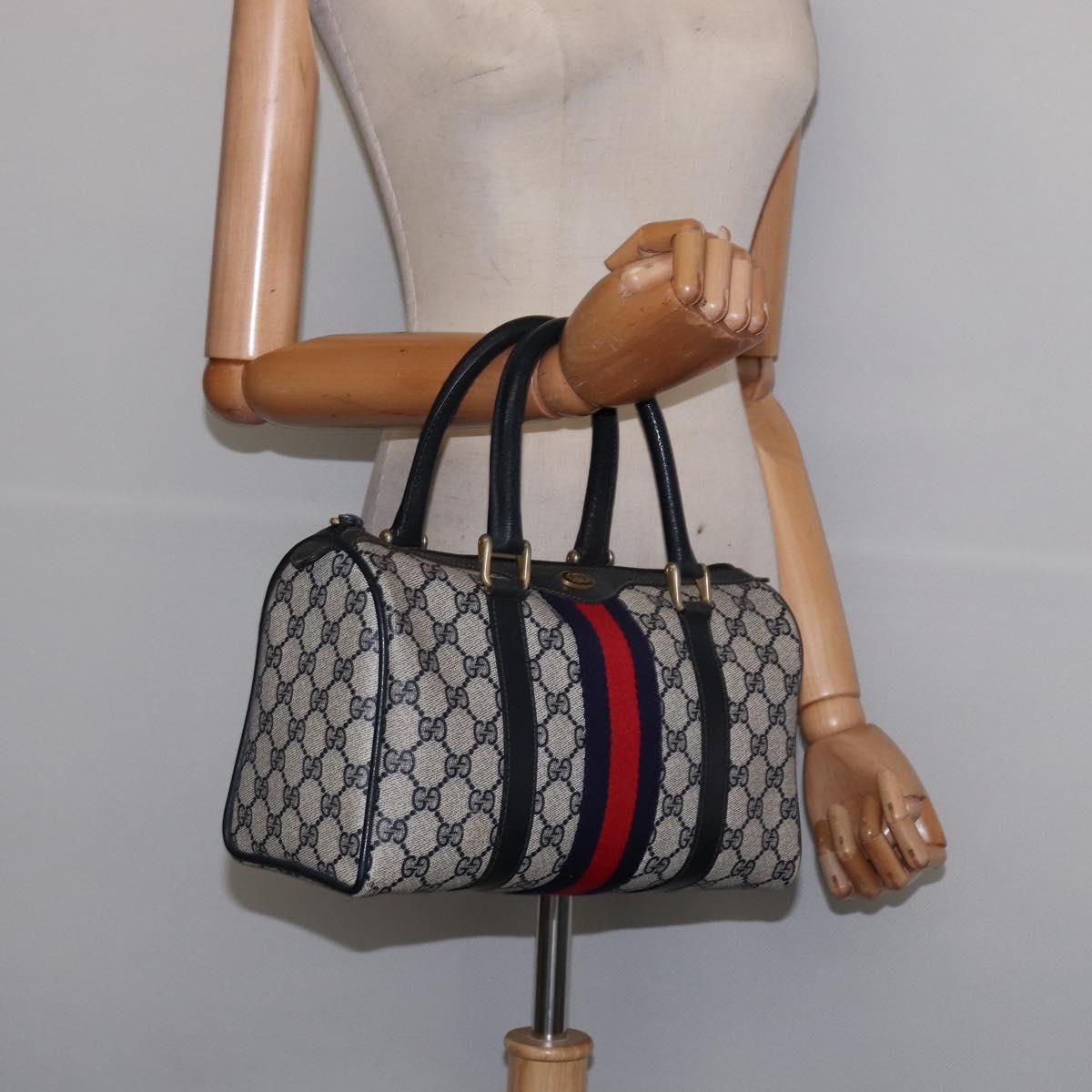 GUCCI GG Supreme Sherry Line Boston Bag PVC Navy Gold 69 02 006 Auth sw1592