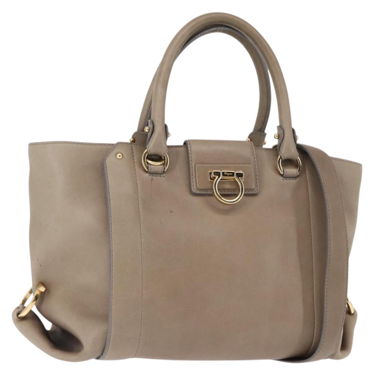 Salvatore Ferragamo Gancini Hand Bag Leather 2way Beige Gold Auth sw1593