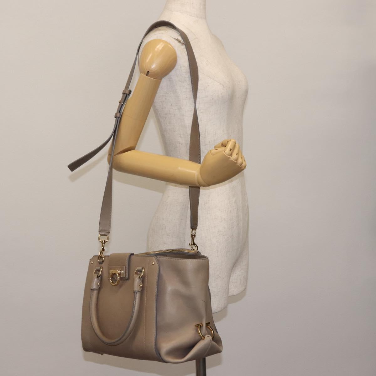 Salvatore Ferragamo Gancini Hand Bag Leather 2way Beige Gold Auth sw1593