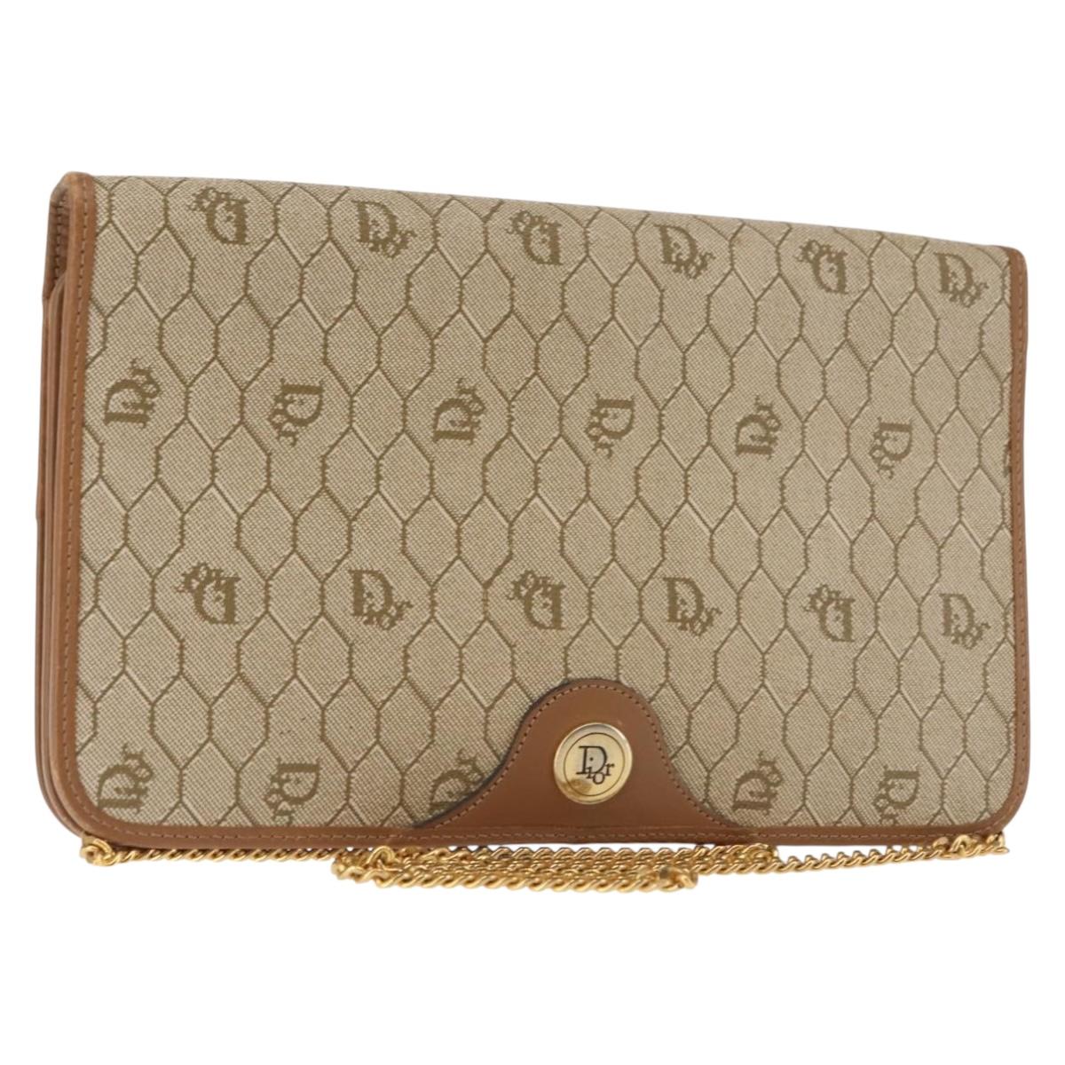 Christian Dior Honeycomb Canvas Chain Shoulder Bag PVC Leather Beige Auth sw1596