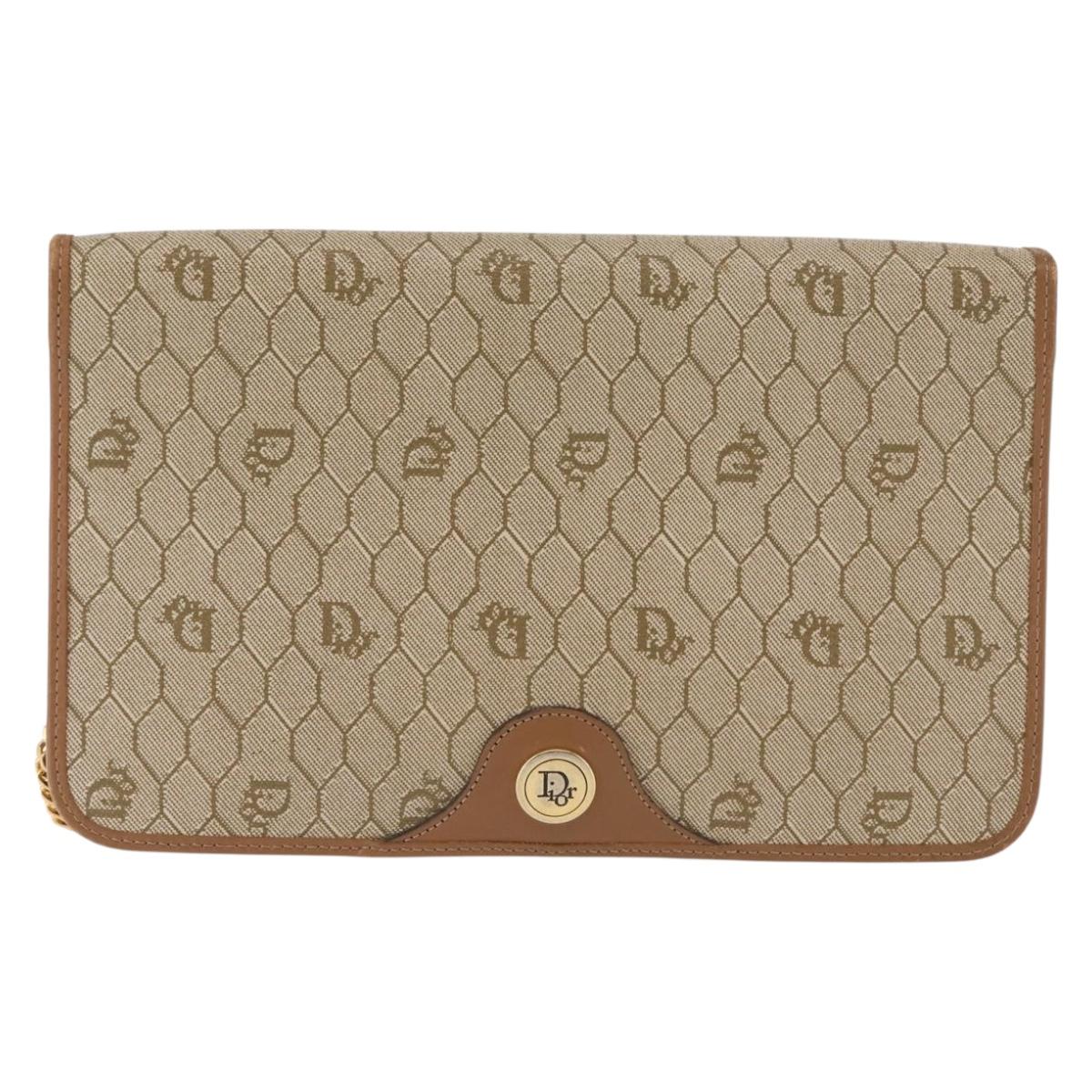 Christian Dior Honeycomb Canvas Chain Shoulder Bag PVC Leather Beige Auth sw1596