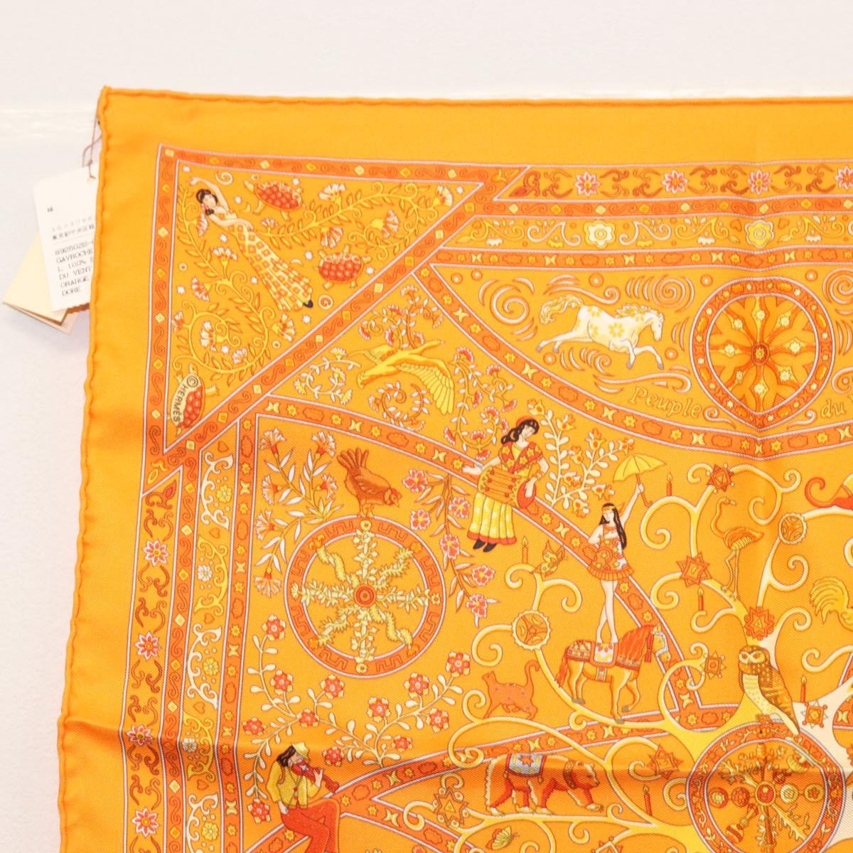 HERMES Gavroche 45 Scarf ""Peuple du Vent"" Silk Orange Auth sw1607