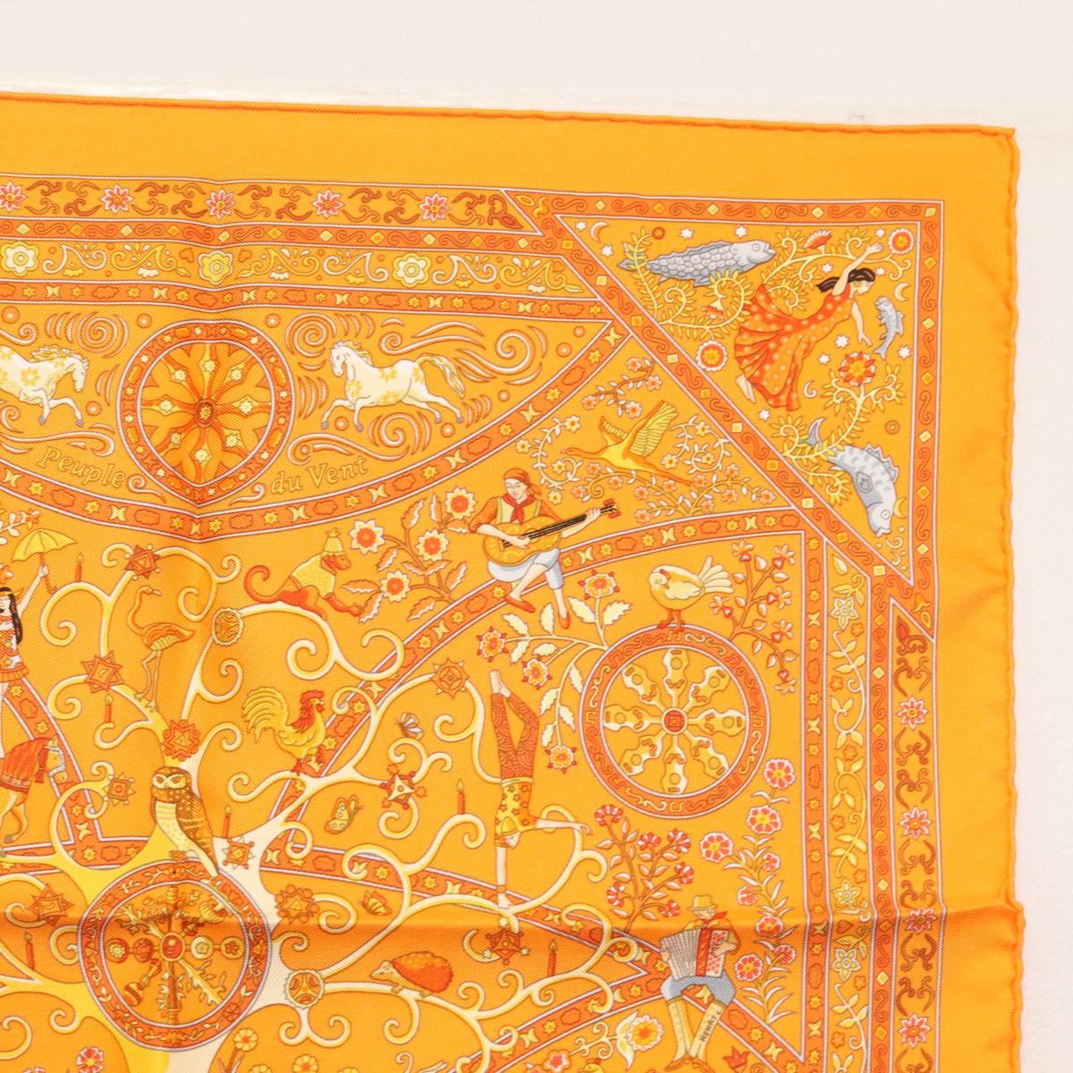 HERMES Gavroche 45 Scarf ""Peuple du Vent"" Silk Orange Auth sw1607