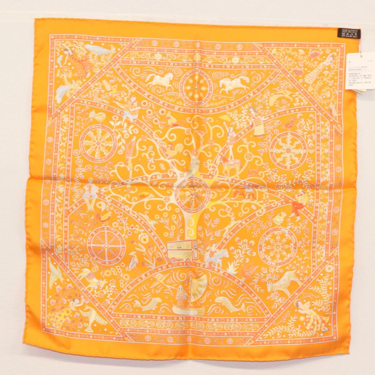 HERMES Gavroche 45 Scarf ""Peuple du Vent"" Silk Orange Auth sw1607