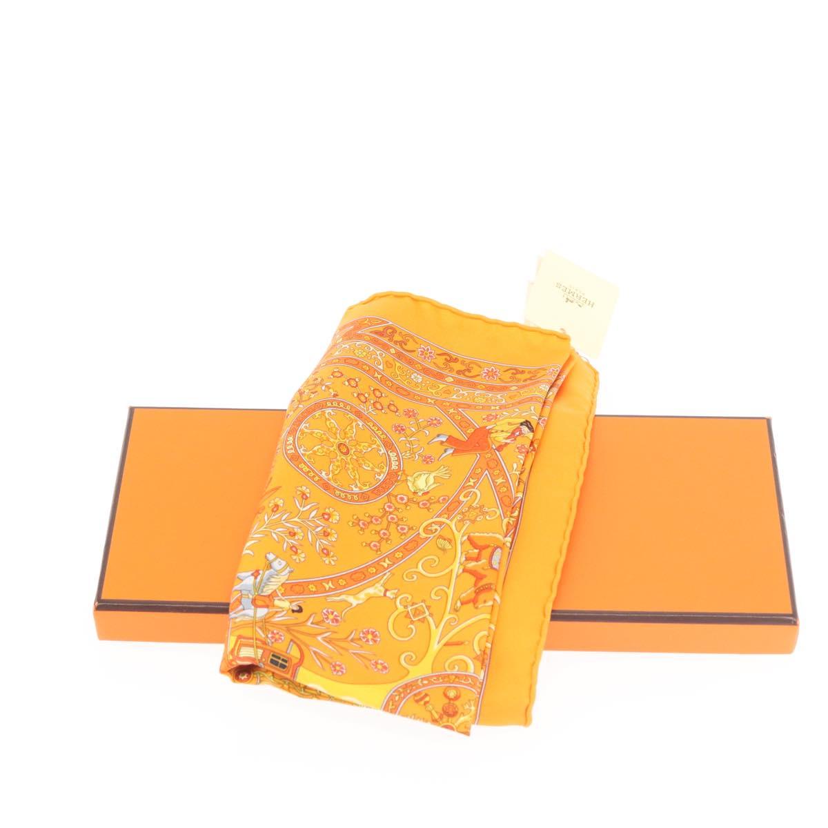 HERMES Gavroche 45 Scarf ""Peuple du Vent"" Silk Orange Auth sw1607