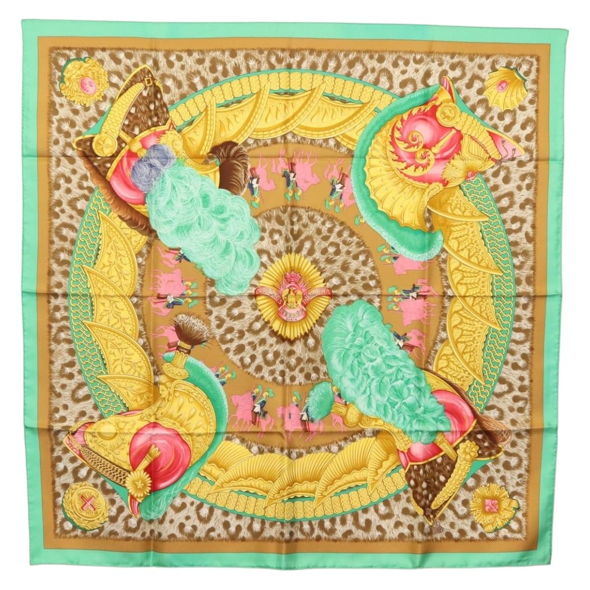 HERMES Carre 90 Scarf ""CASQUES et PLUMETS"" Silk Green Auth sw1609
