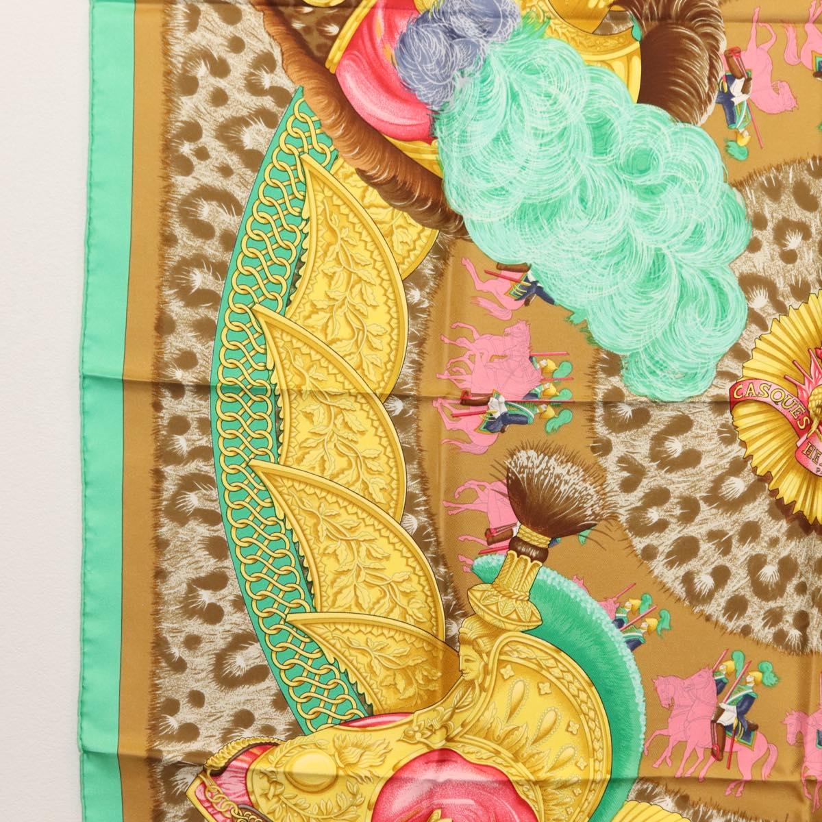 HERMES Carre 90 Scarf ""CASQUES et PLUMETS"" Silk Green Auth sw1609