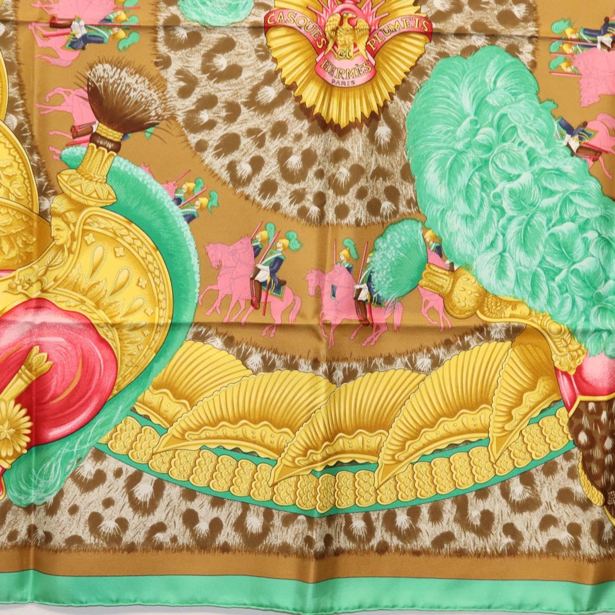 HERMES Carre 90 Scarf ""CASQUES et PLUMETS"" Silk Green Auth sw1609