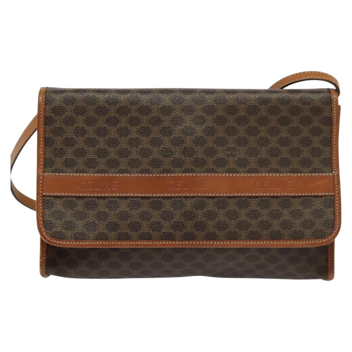 CELINE Macadam Canvas Shoulder Bag PVC Leather Brown Gold Auth sw164