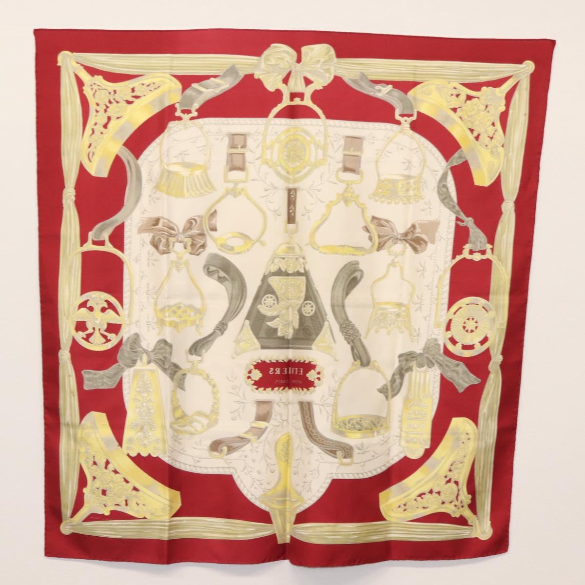 HERMES Carre 90 Scarf ""ETRIERS"" Silk Bordeaux Auth SW1684
