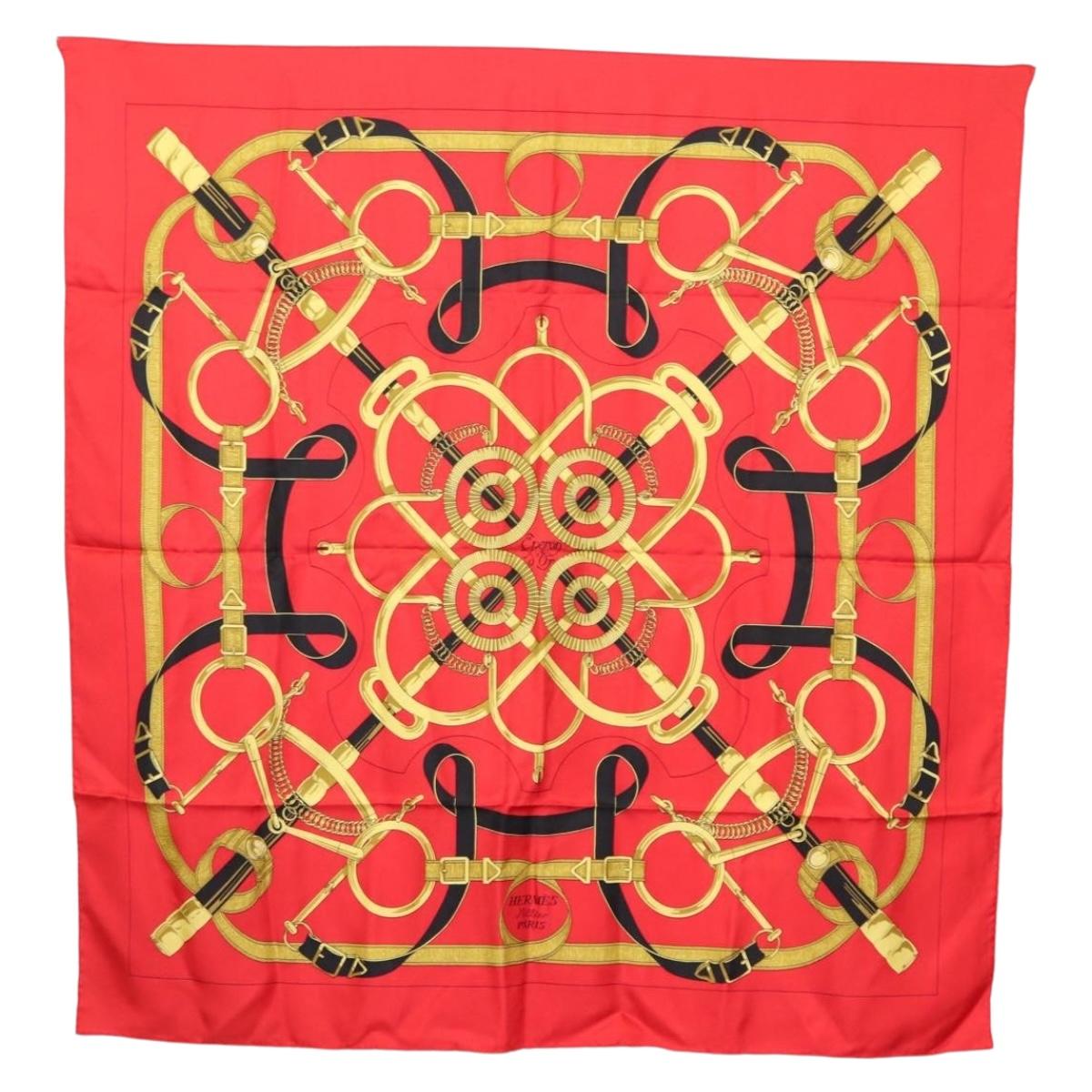 HERMES Carre 90 Scarf ""Eperon dor"" Silk Red Auth SW1685