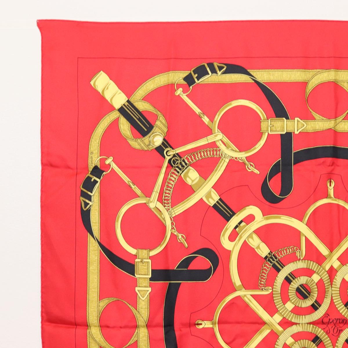 HERMES Carre 90 Scarf ""Eperon dor"" Silk Red Auth SW1685