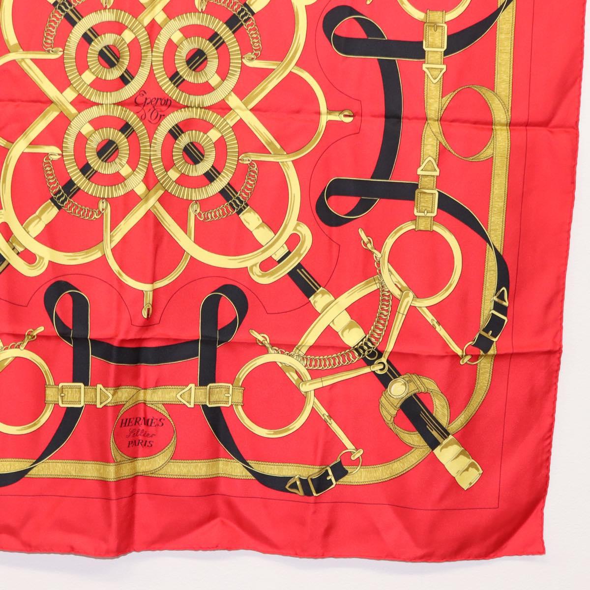 HERMES Carre 90 Scarf ""Eperon dor"" Silk Red Auth SW1685